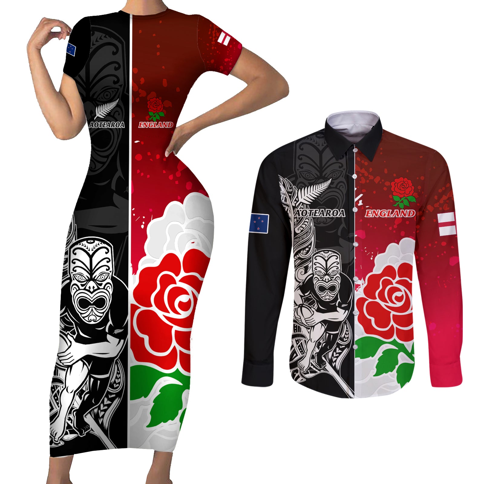 New Zealand And England Rugby Couples Matching Short Sleeve Bodycon Dress and Long Sleeve Button Shirt 2023 World Cup All Black Combine Red Roses LT14 Black - Polynesian Pride