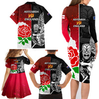 New Zealand And England Rugby Family Matching Long Sleeve Bodycon Dress and Hawaiian Shirt 2023 World Cup All Black Combine Red Roses LT14 - Polynesian Pride