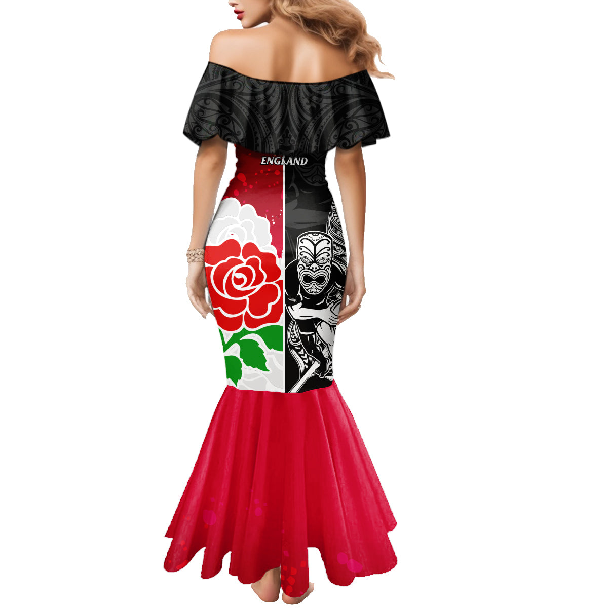 New Zealand And England Rugby Family Matching Mermaid Dress and Hawaiian Shirt 2023 World Cup All Black Combine Red Roses LT14 - Polynesian Pride