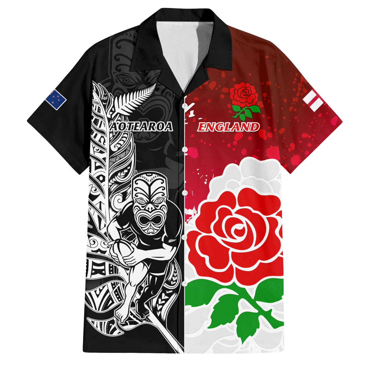 New Zealand And England Rugby Family Matching Off Shoulder Maxi Dress and Hawaiian Shirt 2023 World Cup All Black Combine Red Roses LT14 Dad's Shirt - Short Sleeve Black - Polynesian Pride