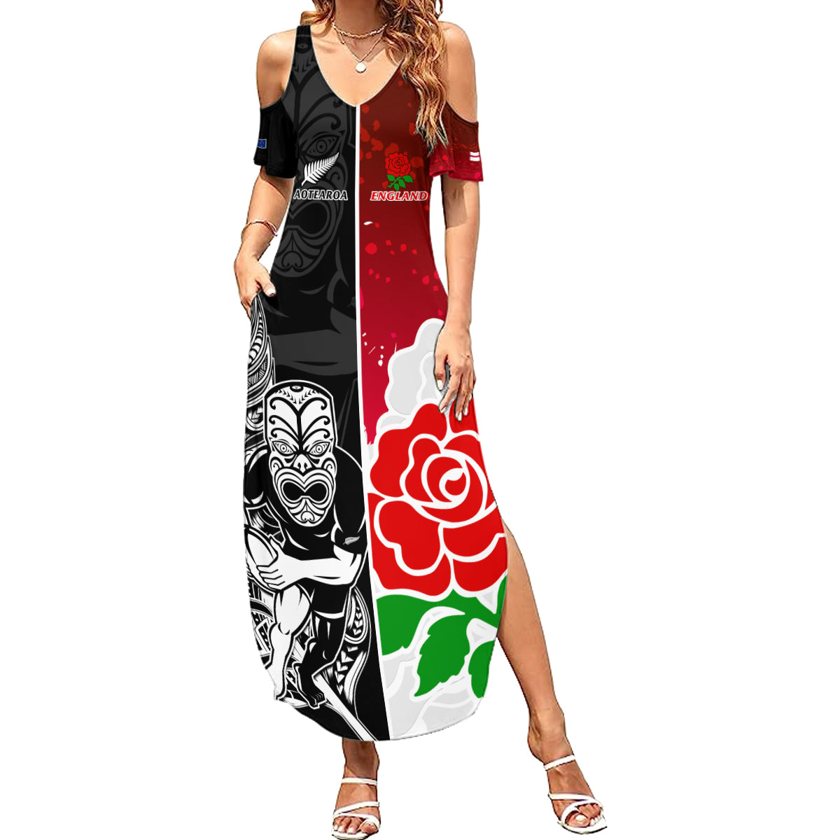 New Zealand And England Rugby Family Matching Summer Maxi Dress and Hawaiian Shirt 2023 World Cup All Black Combine Red Roses LT14 Mom's Dress Black - Polynesian Pride