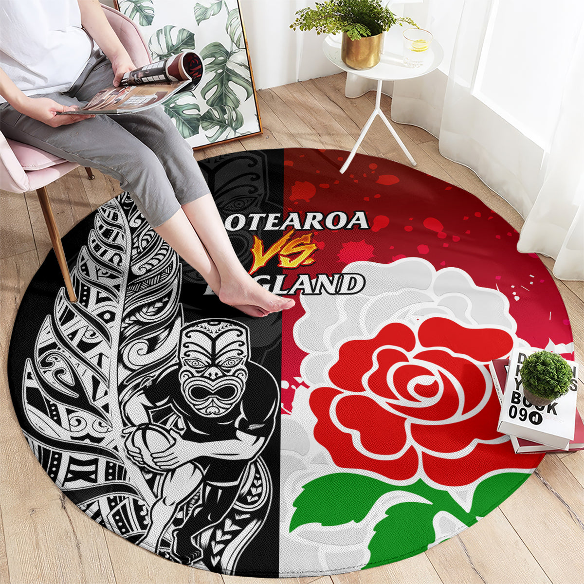 New Zealand And England Rugby Round Carpet 2023 World Cup All Black Combine Red Roses LT14 - Polynesian Pride
