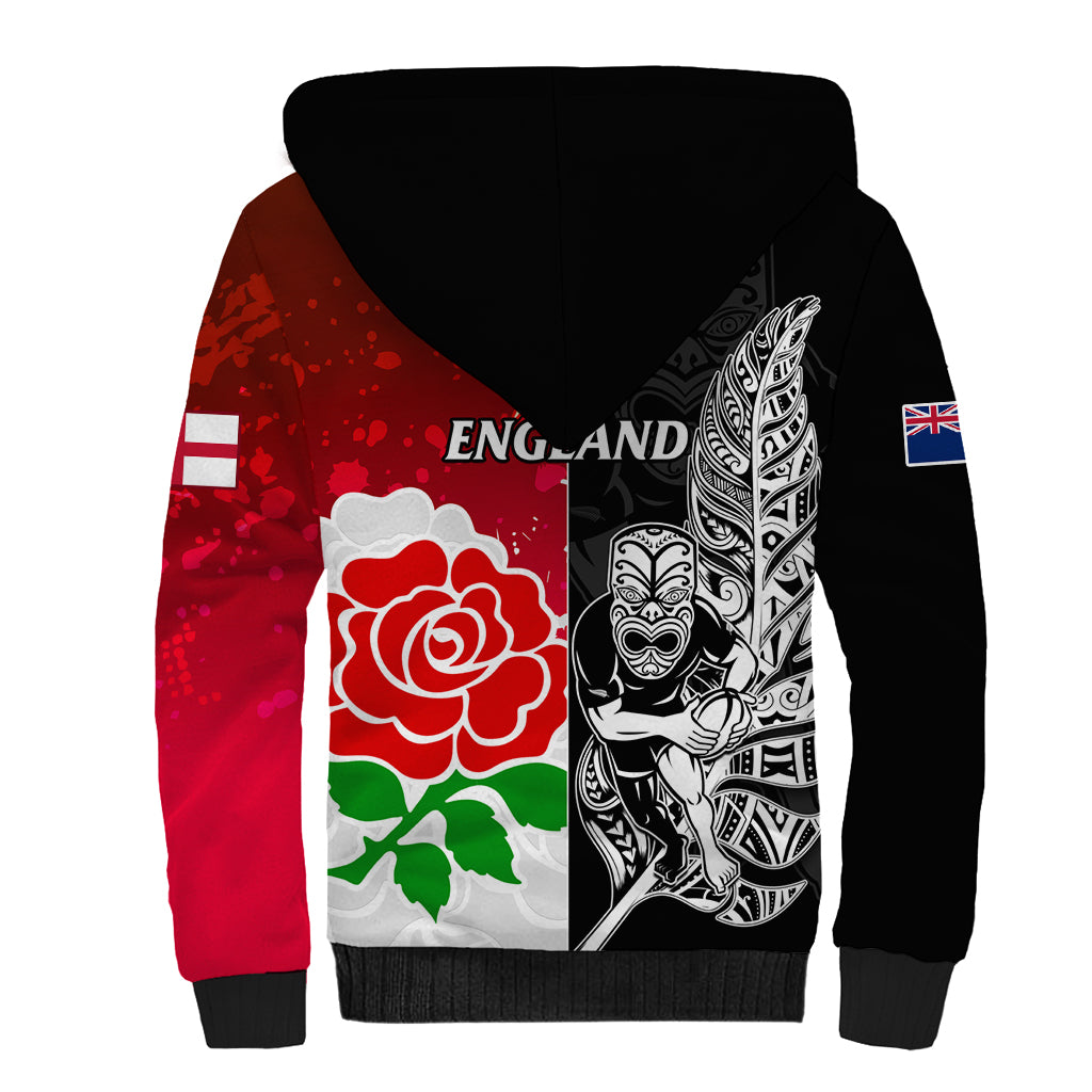 New Zealand And England Rugby Sherpa Hoodie 2023 World Cup All Black Combine Red Roses LT14 - Polynesian Pride