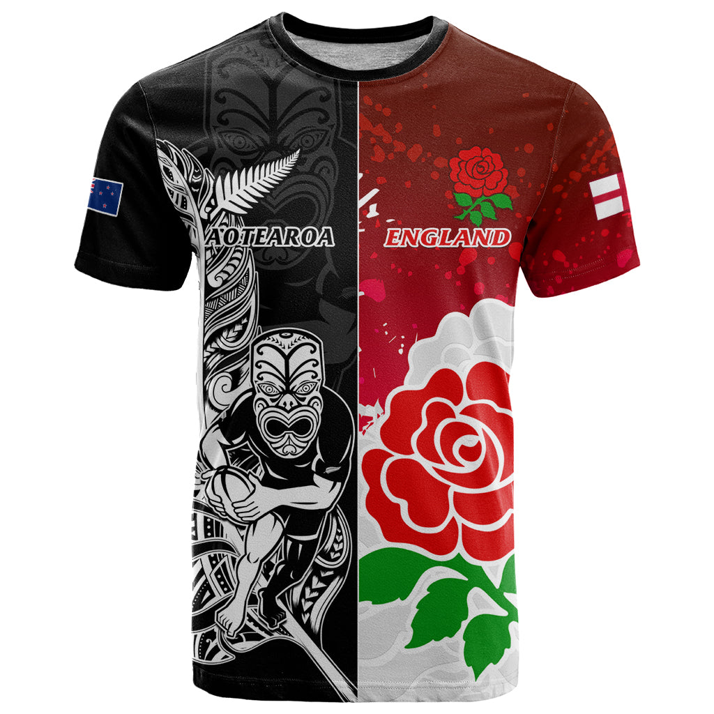 New Zealand And England Rugby T Shirt 2023 World Cup All Black Combine Red Roses LT14 Black - Polynesian Pride