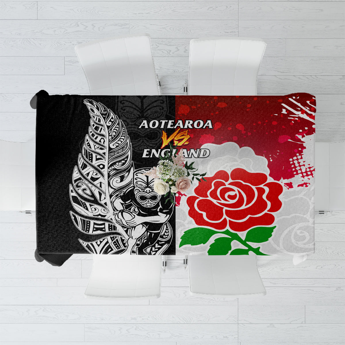 New Zealand And England Rugby Tablecloth 2023 World Cup All Black Combine Red Roses LT14 Black - Polynesian Pride