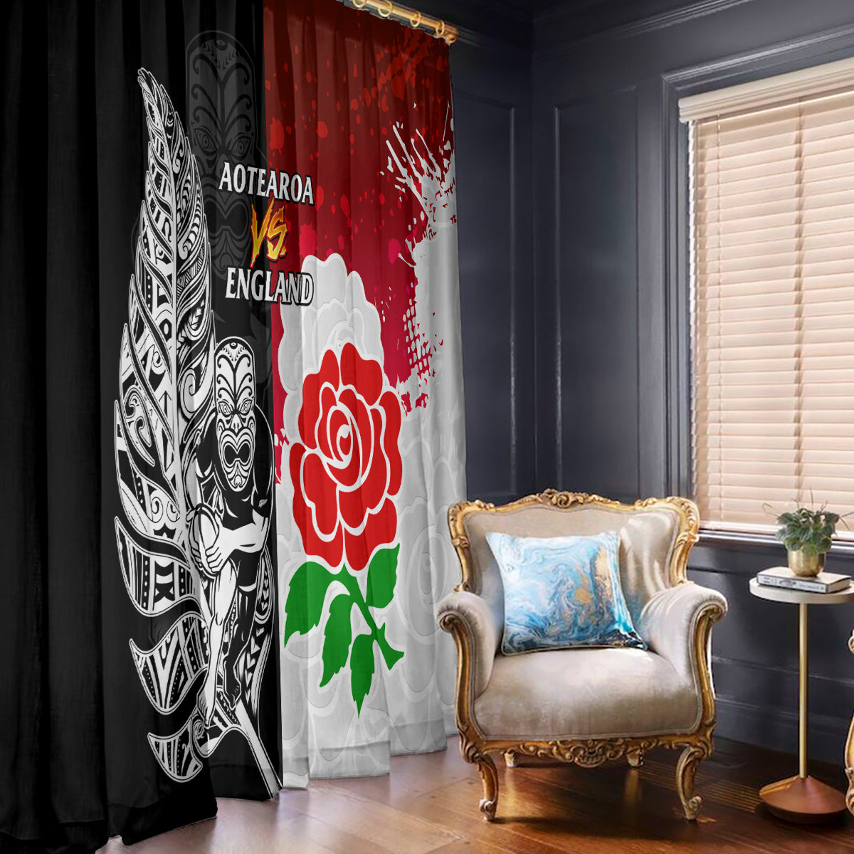 New Zealand And England Rugby Window Curtain 2023 World Cup All Black Combine Red Roses LT14 With Hooks Black - Polynesian Pride