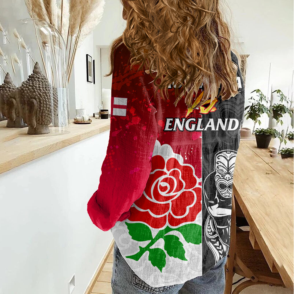 New Zealand And England Rugby Women Casual Shirt 2023 World Cup All Black Combine Red Roses LT14 - Polynesian Pride