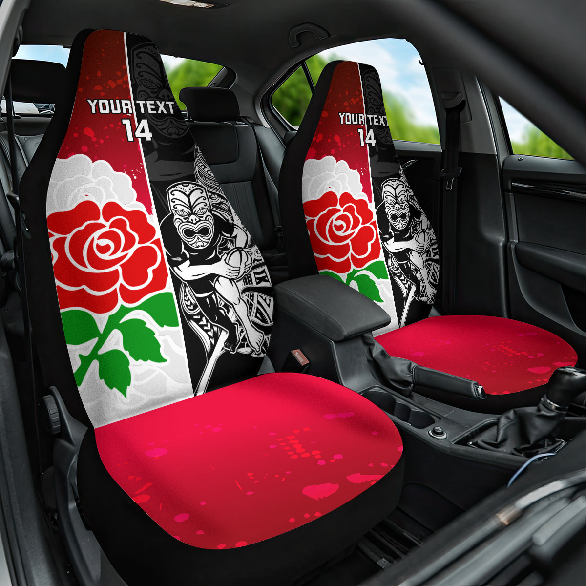Custom New Zealand And England Rugby Car Seat Cover 2023 World Cup All Black Combine Red Roses LT14 One Size Black - Polynesian Pride