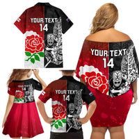 Custom New Zealand And England Rugby Family Matching Off Shoulder Short Dress and Hawaiian Shirt 2023 World Cup All Black Combine Red Roses LT14 - Polynesian Pride