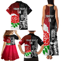 Custom New Zealand And England Rugby Family Matching Tank Maxi Dress and Hawaiian Shirt 2023 World Cup All Black Combine Red Roses LT14 - Polynesian Pride