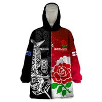 Custom New Zealand And England Rugby Wearable Blanket Hoodie 2023 World Cup All Black Combine Red Roses LT14 One Size Black - Polynesian Pride