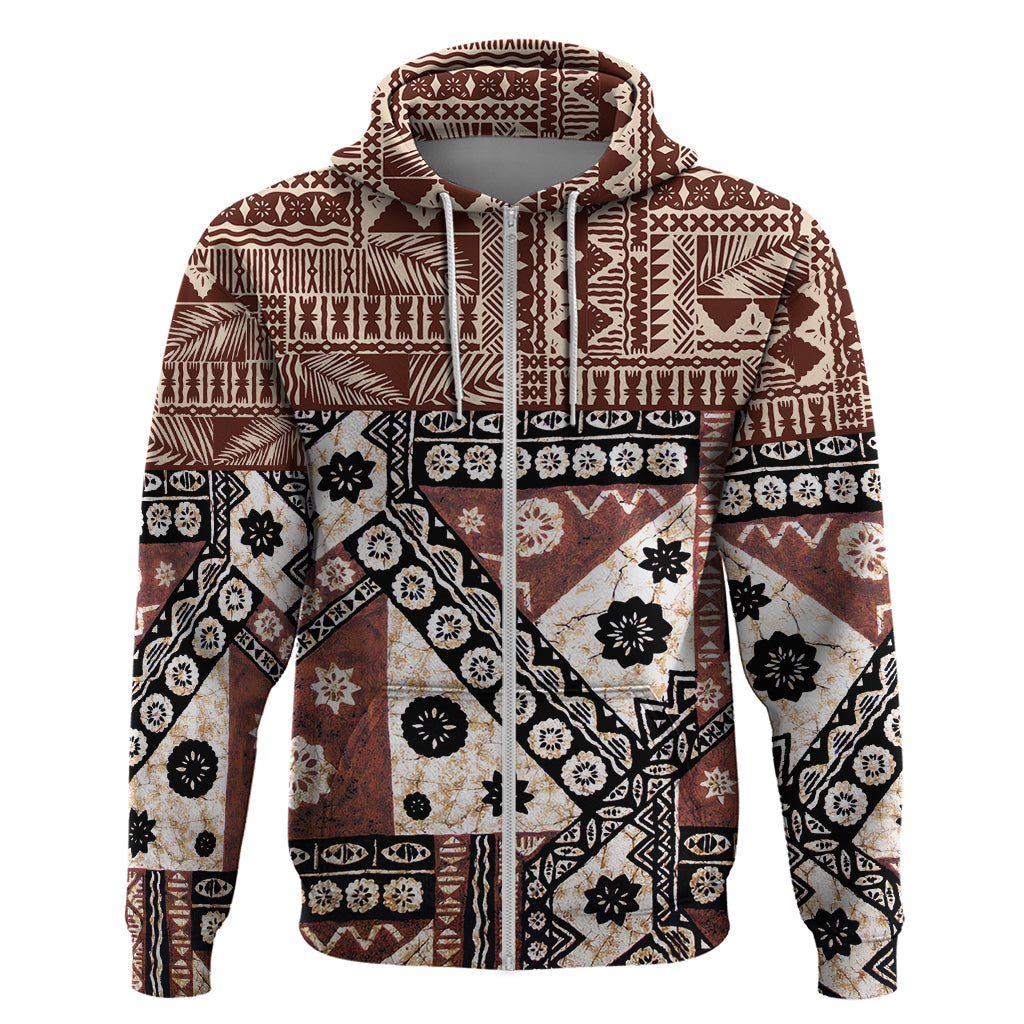 Bula Fiji Hoodie Unique Masi Tapa Pattern LT14 Zip Hoodie Brown - Polynesian Pride