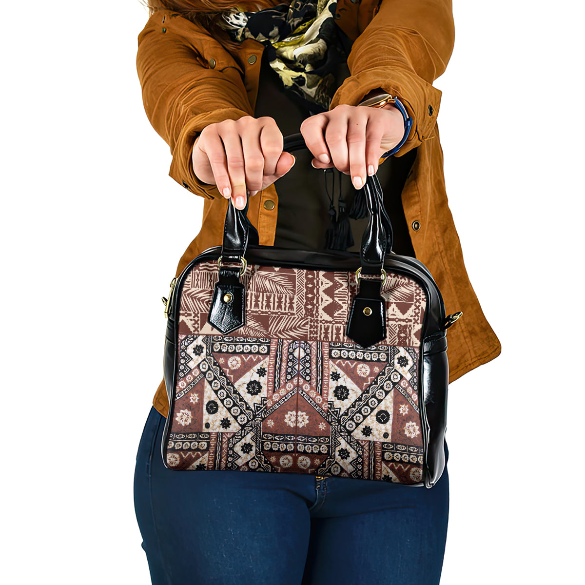 Bula Fiji Shoulder Handbag Unique Masi Tapa Pattern LT14 One Size Brown - Polynesian Pride