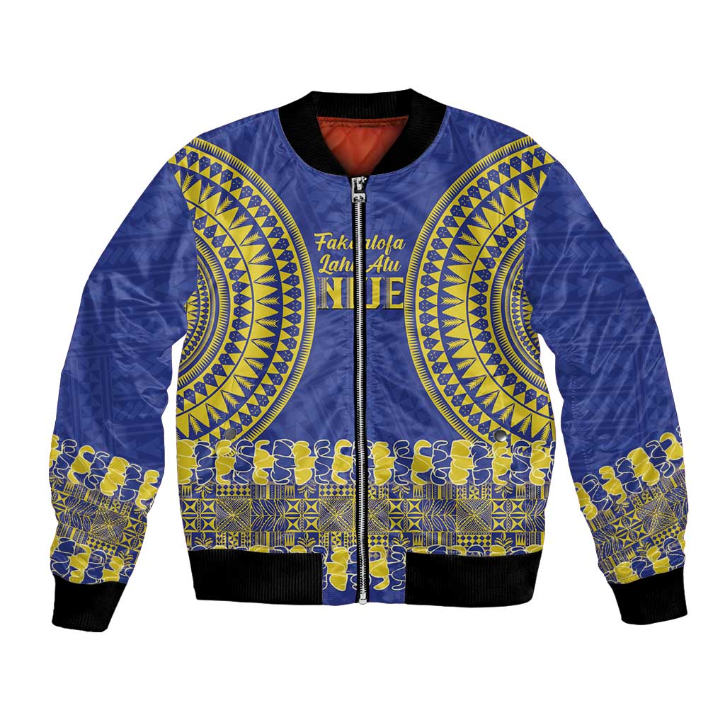 Fakaalofa Lahi Atu Niue Bomber Jacket Siapo Pattern With Puakenikeni LT14 Unisex Blue - Polynesian Pride