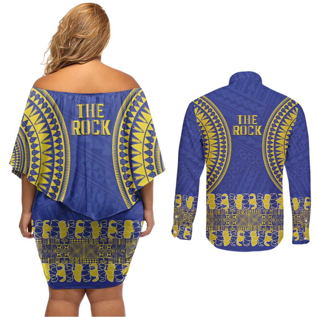 Fakaalofa Lahi Atu Niue Couples Matching Off Shoulder Short Dress and Long Sleeve Button Shirt Siapo Pattern With Puakenikeni