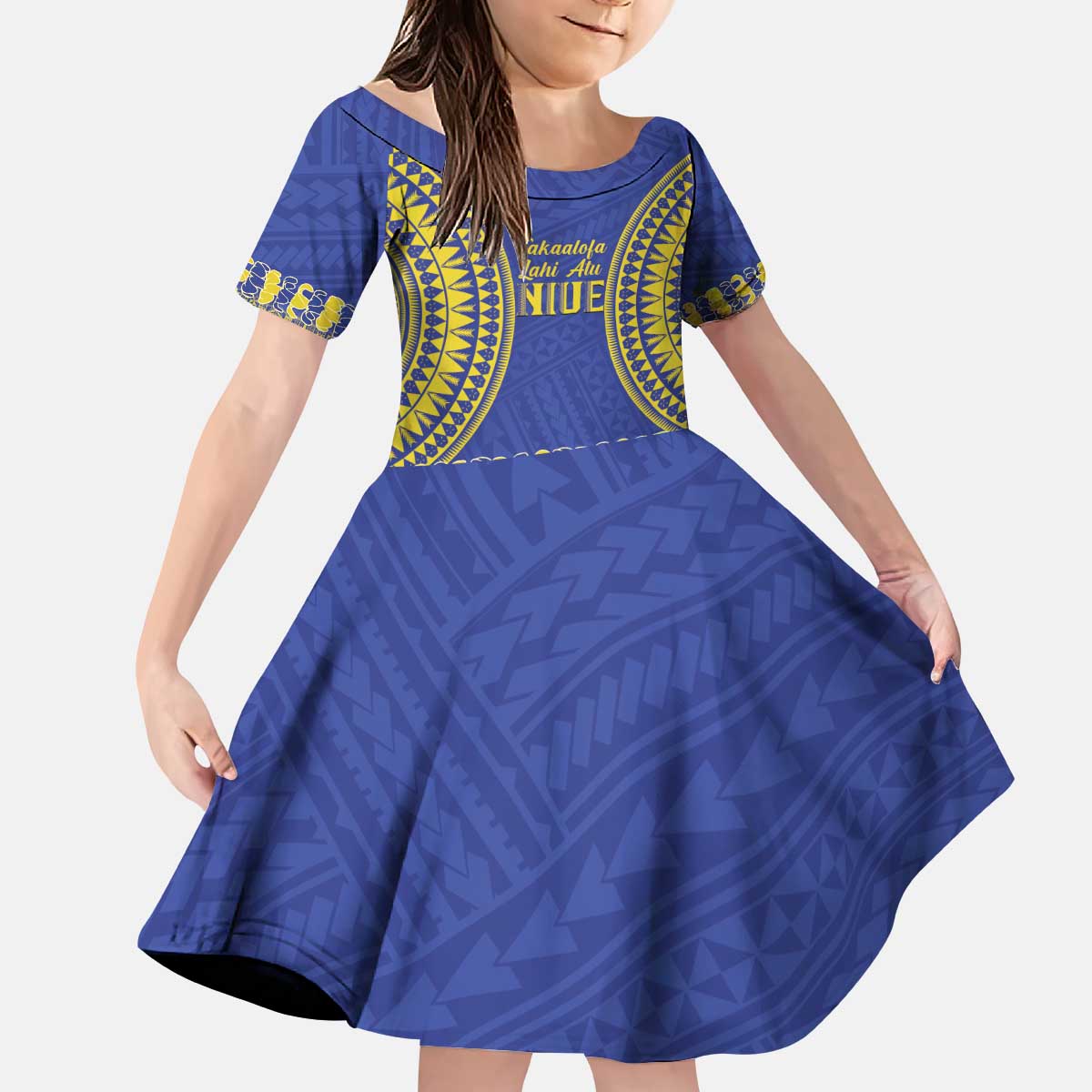 Fakaalofa Lahi Atu Niue Kid Short Sleeve Dress Siapo Pattern With Puakenikeni LT14 KID Blue - Polynesian Pride
