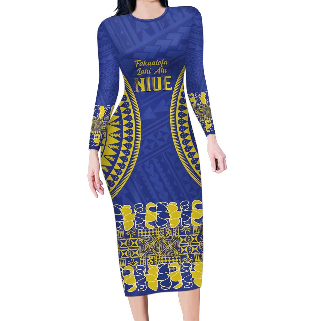Fakaalofa Lahi Atu Niue Long Sleeve Bodycon Dress Siapo Pattern With Puakenikeni LT14 Long Dress Blue - Polynesian Pride