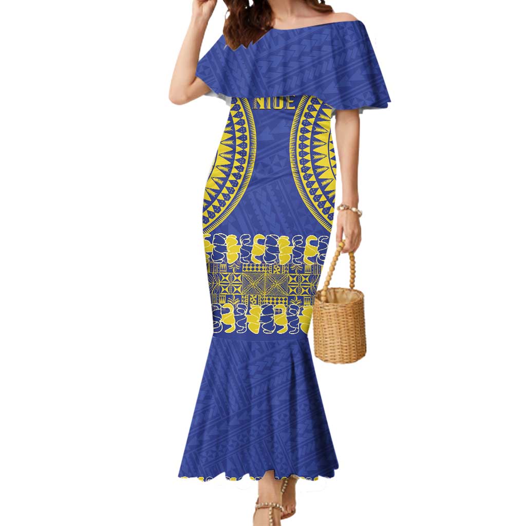 Fakaalofa Lahi Atu Niue Mermaid Dress Siapo Pattern With Puakenikeni LT14 Women Blue - Polynesian Pride