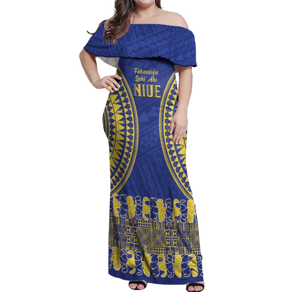 Fakaalofa Lahi Atu Niue Off Shoulder Maxi Dress Siapo Pattern With Puakenikeni LT14 Women Blue - Polynesian Pride