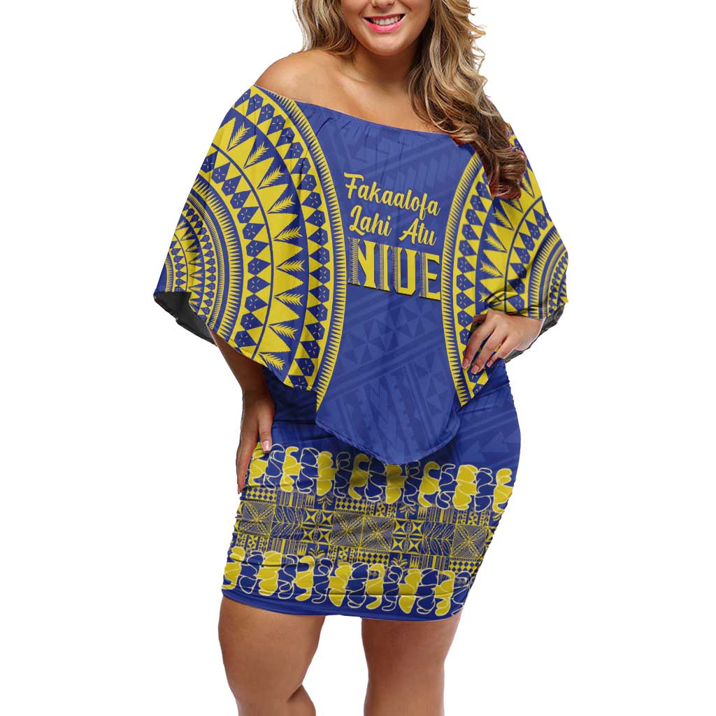 Fakaalofa Lahi Atu Niue Off Shoulder Short Dress Siapo Pattern With Puakenikeni LT14 Women Blue - Polynesian Pride