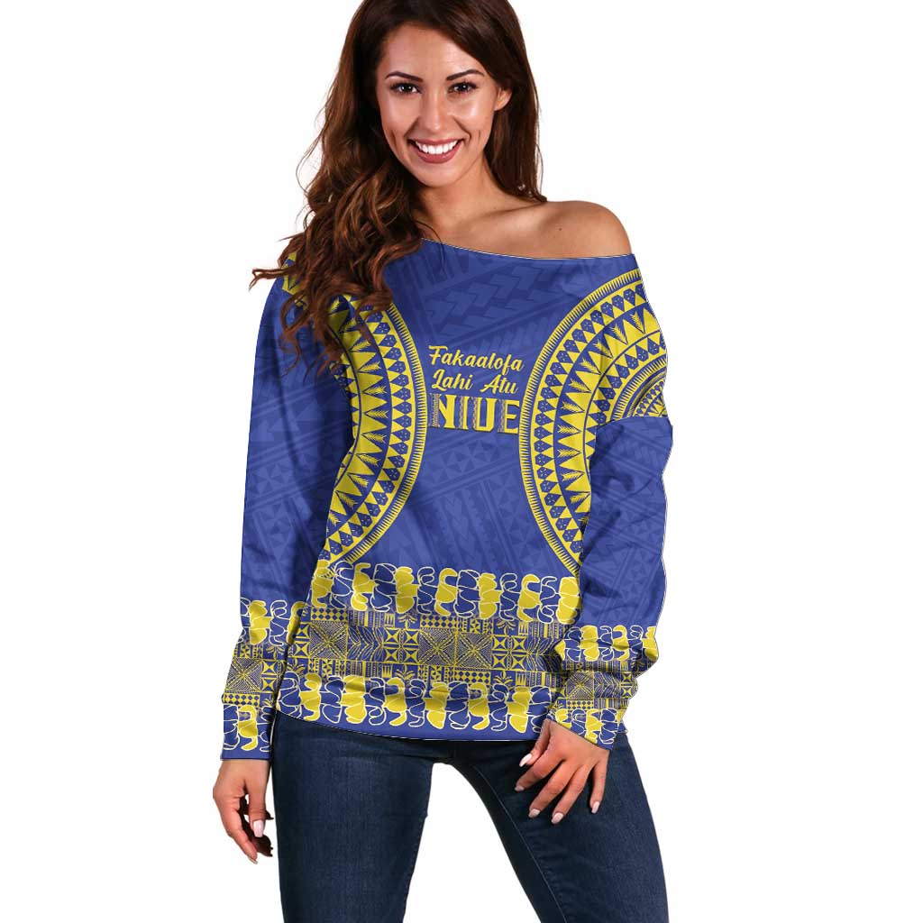 Fakaalofa Lahi Atu Niue Off Shoulder Sweater Siapo Pattern With Puakenikeni LT14 Women Blue - Polynesian Pride