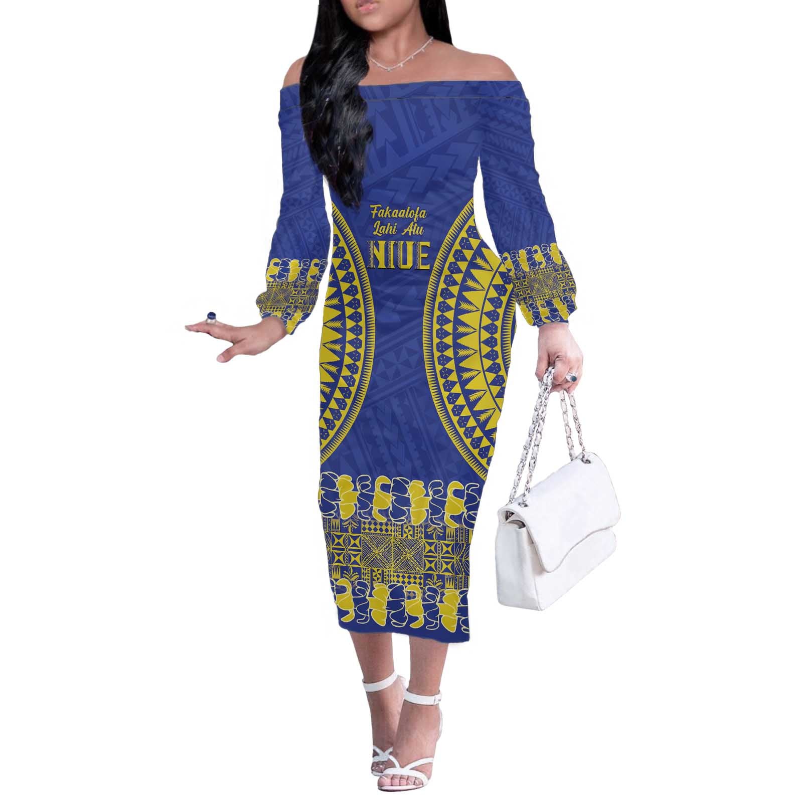 Fakaalofa Lahi Atu Niue Off The Shoulder Long Sleeve Dress Siapo Pattern With Puakenikeni LT14 Women Blue - Polynesian Pride