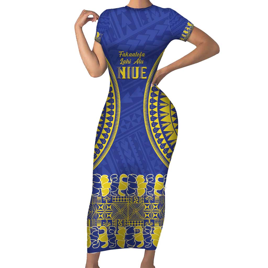 Fakaalofa Lahi Atu Niue Short Sleeve Bodycon Dress Siapo Pattern With Puakenikeni LT14 Long Dress Blue - Polynesian Pride