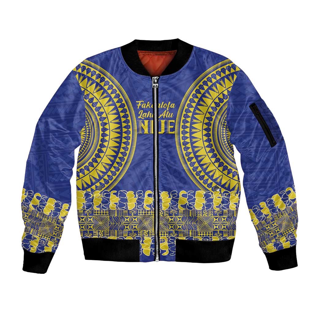 Fakaalofa Lahi Atu Niue Sleeve Zip Bomber Jacket Siapo Pattern With Puakenikeni LT14 Unisex Blue - Polynesian Pride