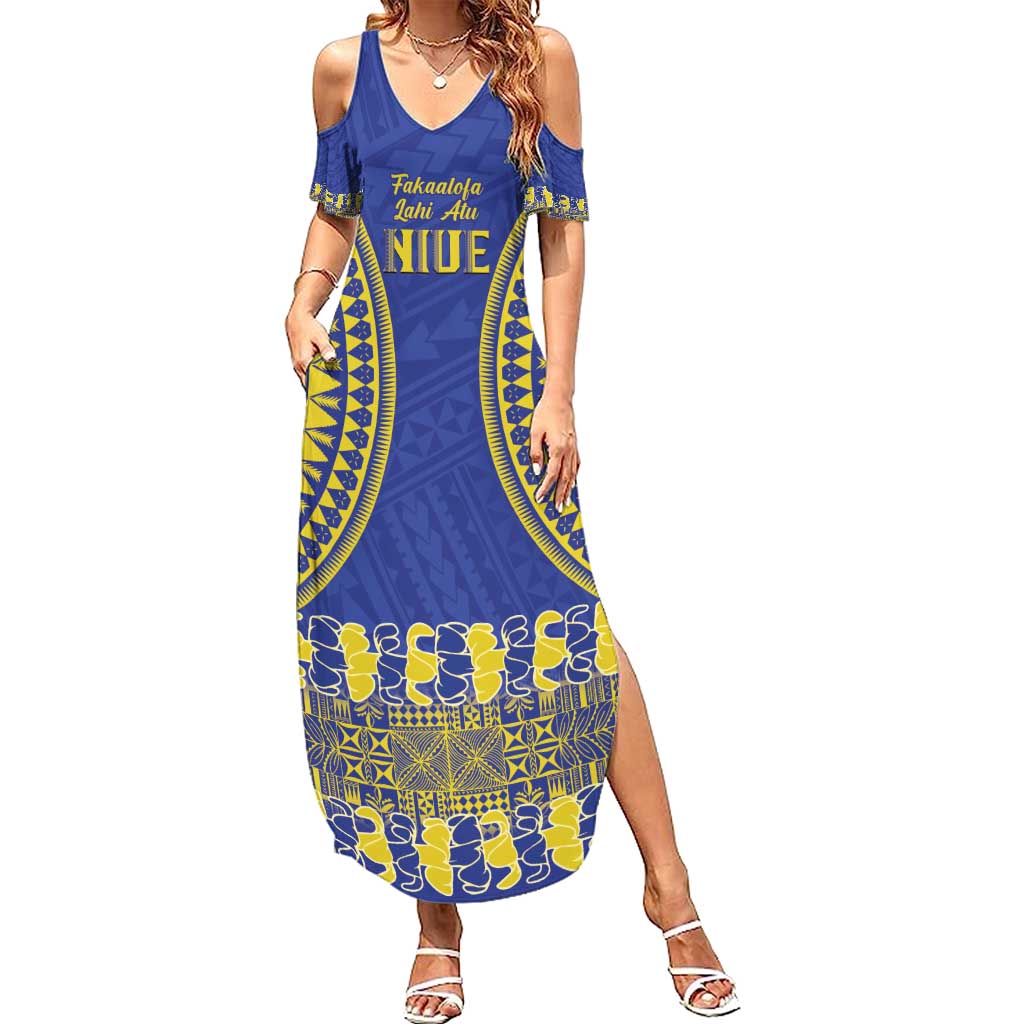 Fakaalofa Lahi Atu Niue Summer Maxi Dress Siapo Pattern With Puakenikeni LT14 Women Blue - Polynesian Pride