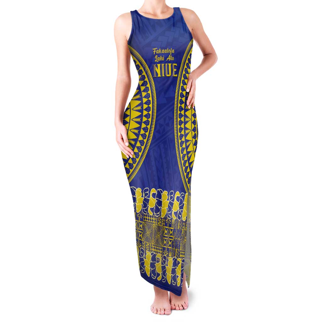 Fakaalofa Lahi Atu Niue Tank Maxi Dress Siapo Pattern With Puakenikeni LT14 Women Blue - Polynesian Pride