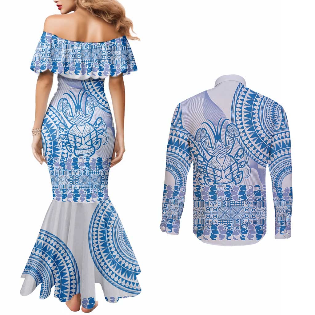 Niue Language Week Couples Matching Mermaid Dress and Long Sleeve Button Shirt The Rock Coconut Crab - Siapo Blue Pastel