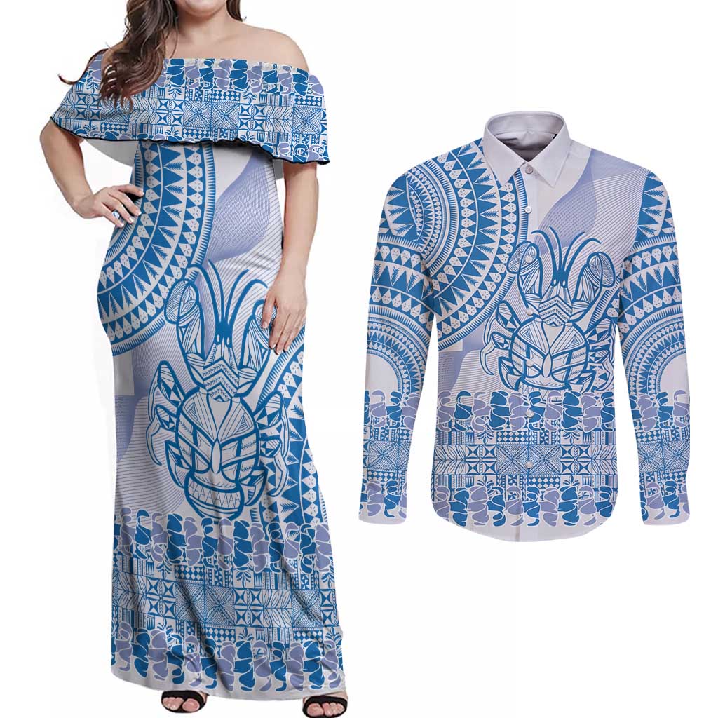 Niue Language Week Couples Matching Off Shoulder Maxi Dress and Long Sleeve Button Shirt The Rock Coconut Crab - Siapo Blue Pastel LT14 Blue - Polynesian Pride