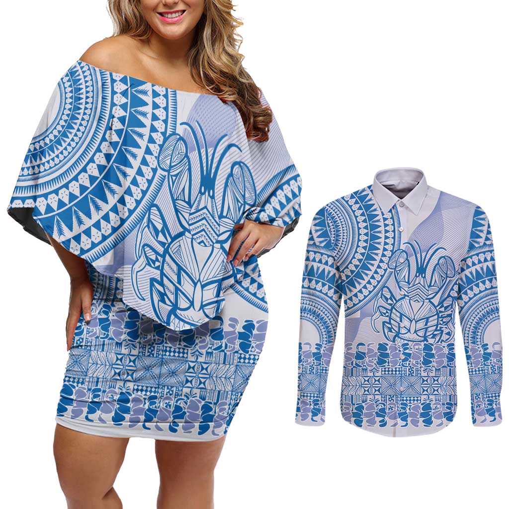 Niue Language Week Couples Matching Off Shoulder Short Dress and Long Sleeve Button Shirt The Rock Coconut Crab - Siapo Blue Pastel LT14 Blue - Polynesian Pride