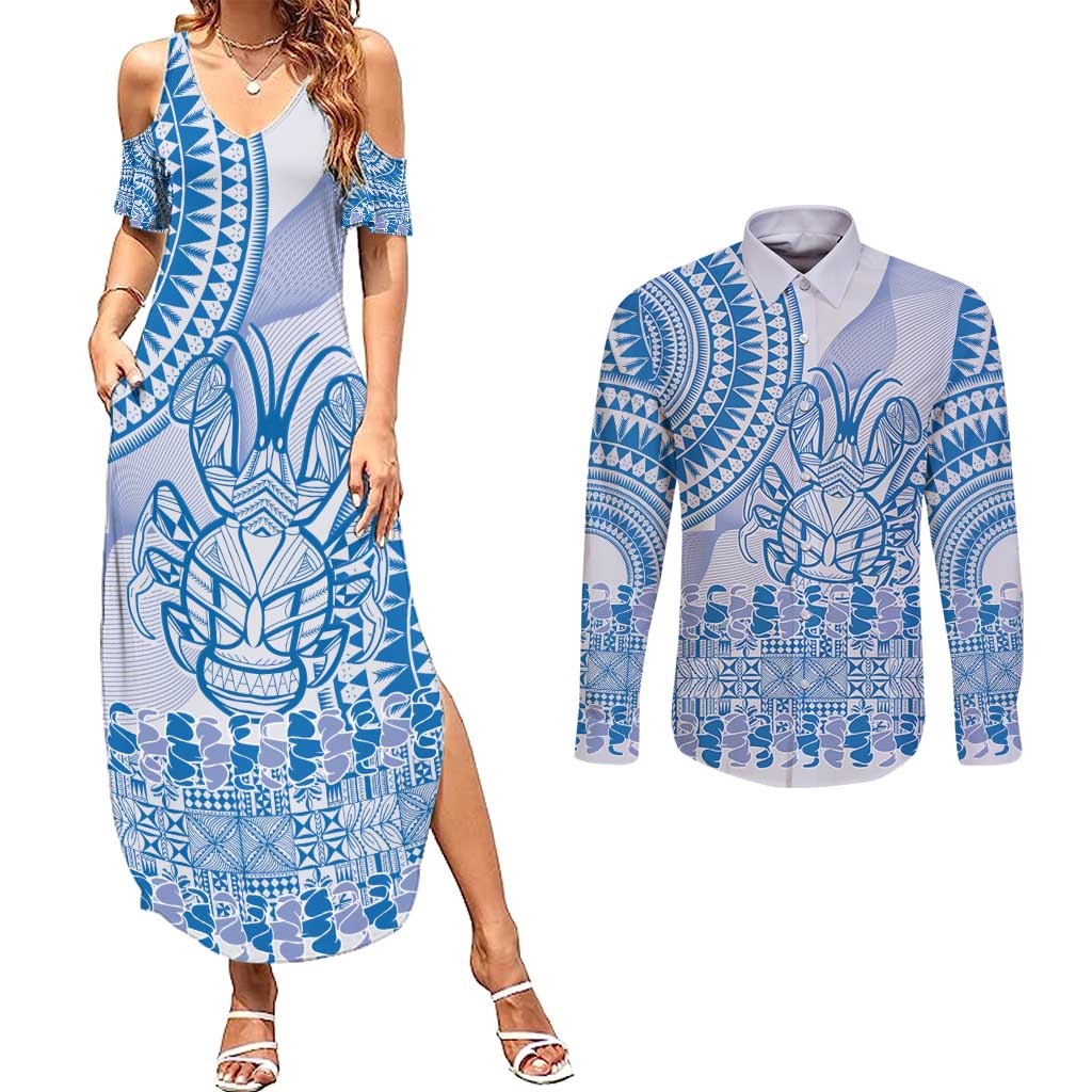 Niue Language Week Couples Matching Summer Maxi Dress and Long Sleeve Button Shirt The Rock Coconut Crab - Siapo Blue Pastel LT14 Blue - Polynesian Pride