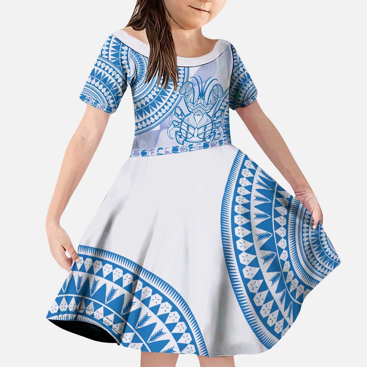 Niue Language Week Kid Short Sleeve Dress The Rock Coconut Crab - Siapo Blue Pastel LT14 KID Blue - Polynesian Pride