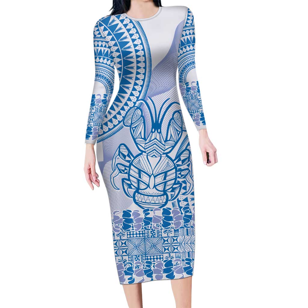 Niue Language Week Long Sleeve Bodycon Dress The Rock Coconut Crab - Siapo Blue Pastel LT14 Long Dress Blue - Polynesian Pride