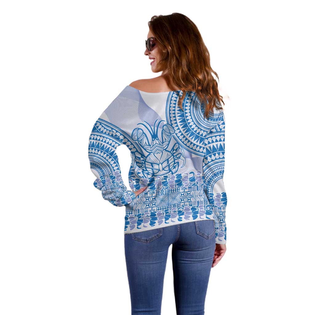 Niue Language Week Off Shoulder Sweater The Rock Coconut Crab - Siapo Blue Pastel