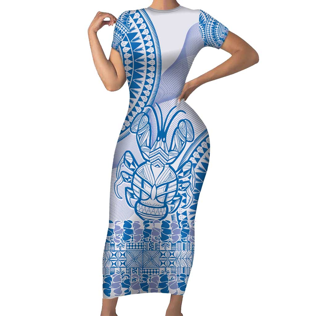 Niue Language Week Short Sleeve Bodycon Dress The Rock Coconut Crab - Siapo Blue Pastel LT14 Long Dress Blue - Polynesian Pride