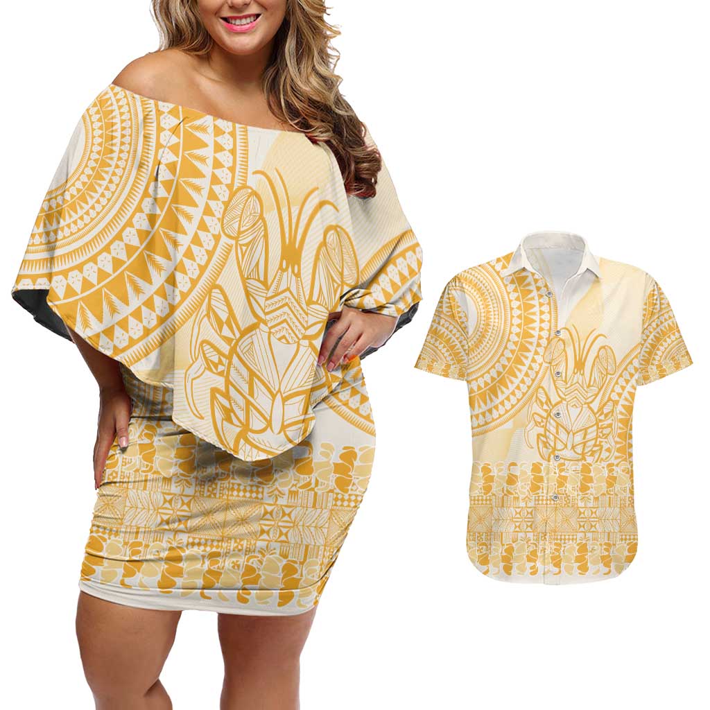 Niue Language Week Couples Matching Off Shoulder Short Dress and Hawaiian Shirt The Rock Coconut Crab - Siapo Gold Pastel LT14 Gold - Polynesian Pride