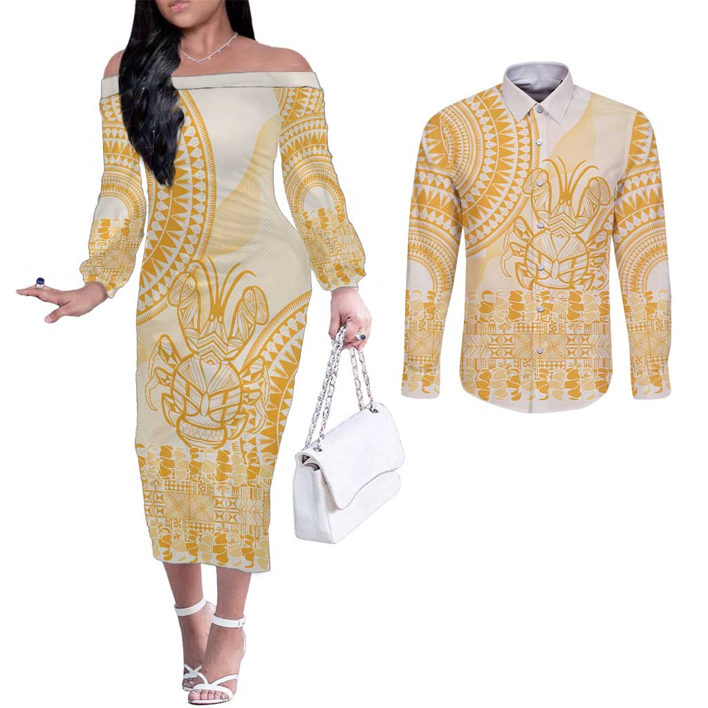 Niue Language Week Couples Matching Off The Shoulder Long Sleeve Dress and Long Sleeve Button Shirt The Rock Coconut Crab - Siapo Gold Pastel LT14 Gold - Polynesian Pride