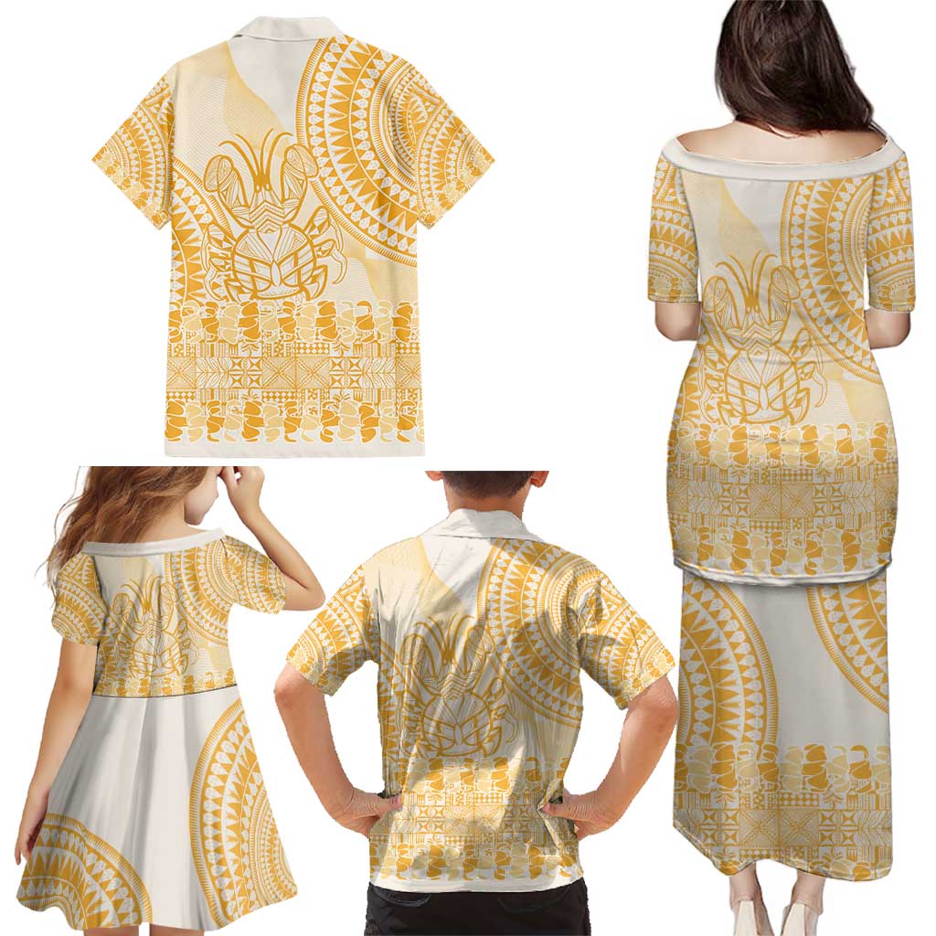 Niue Language Week Family Matching Puletasi and Hawaiian Shirt The Rock Coconut Crab - Siapo Gold Pastel
