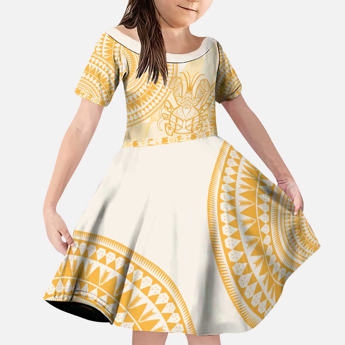 Niue Language Week Kid Short Sleeve Dress The Rock Coconut Crab - Siapo Gold Pastel LT14 KID Gold - Polynesian Pride
