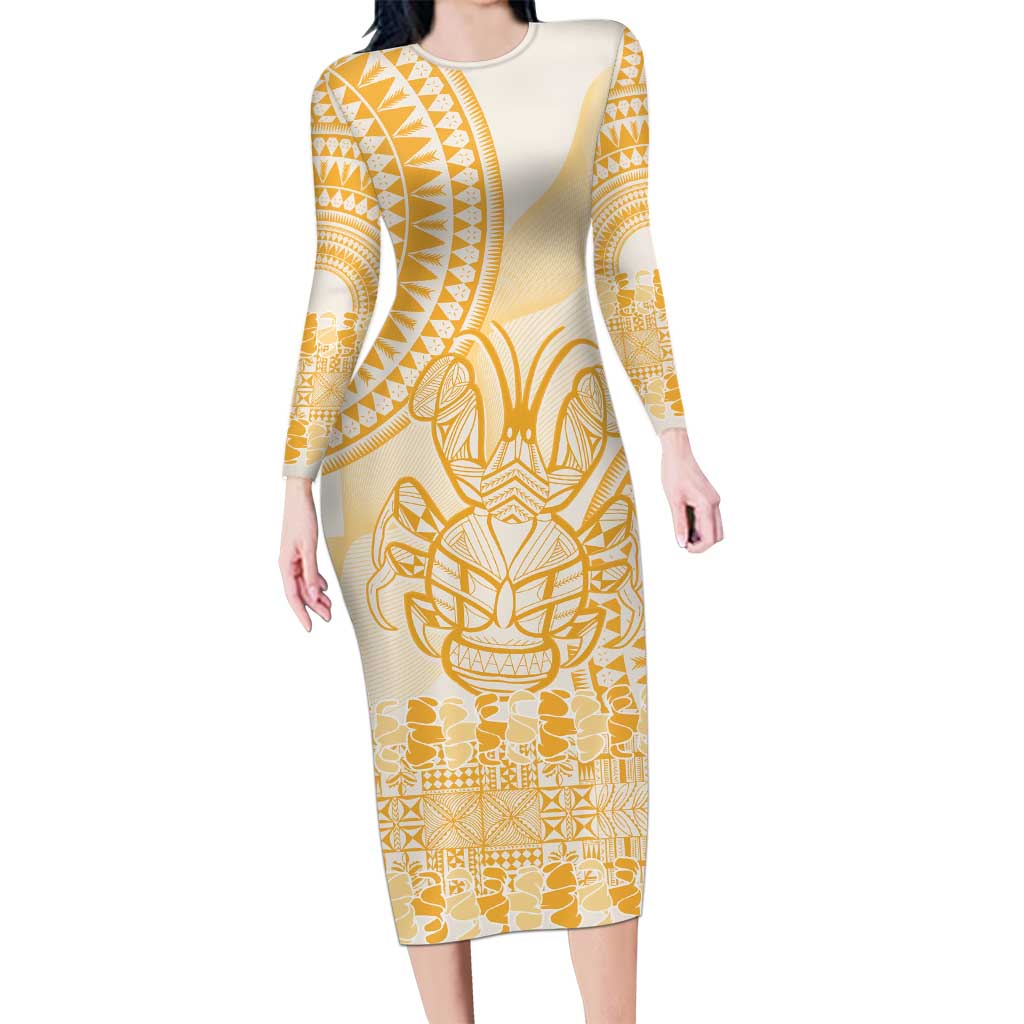 Niue Language Week Long Sleeve Bodycon Dress The Rock Coconut Crab - Siapo Gold Pastel LT14 Long Dress Gold - Polynesian Pride