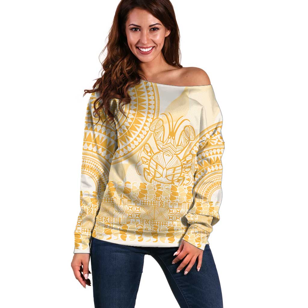 Niue Language Week Off Shoulder Sweater The Rock Coconut Crab - Siapo Gold Pastel LT14 Women Gold - Polynesian Pride