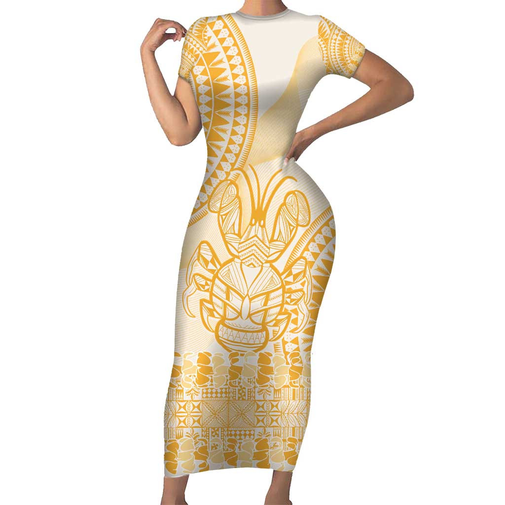 Niue Language Week Short Sleeve Bodycon Dress The Rock Coconut Crab - Siapo Gold Pastel LT14 Long Dress Gold - Polynesian Pride