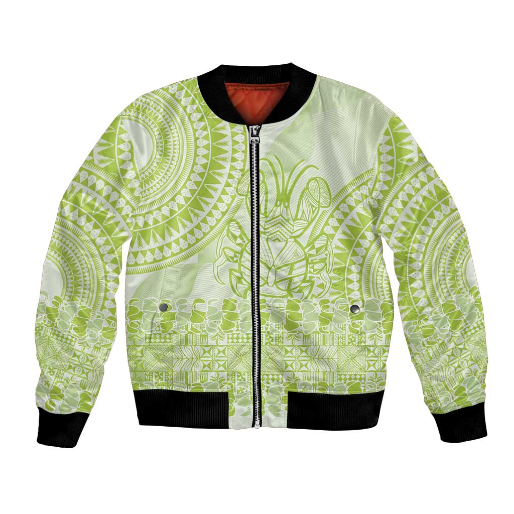 Lime Green Niue Language Week Bomber Jacket The Rock Coconut Crab - Siapo Pattern LT14 Unisex Lime Green - Polynesian Pride