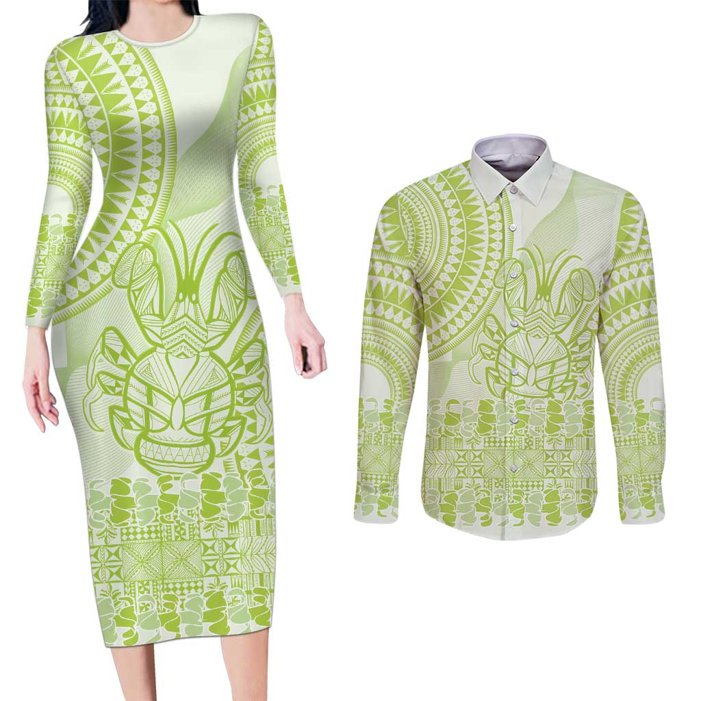 Lime Green Niue Language Week Couples Matching Long Sleeve Bodycon Dress and Long Sleeve Button Shirt The Rock Coconut Crab - Siapo Pattern LT14 Lime Green - Polynesian Pride