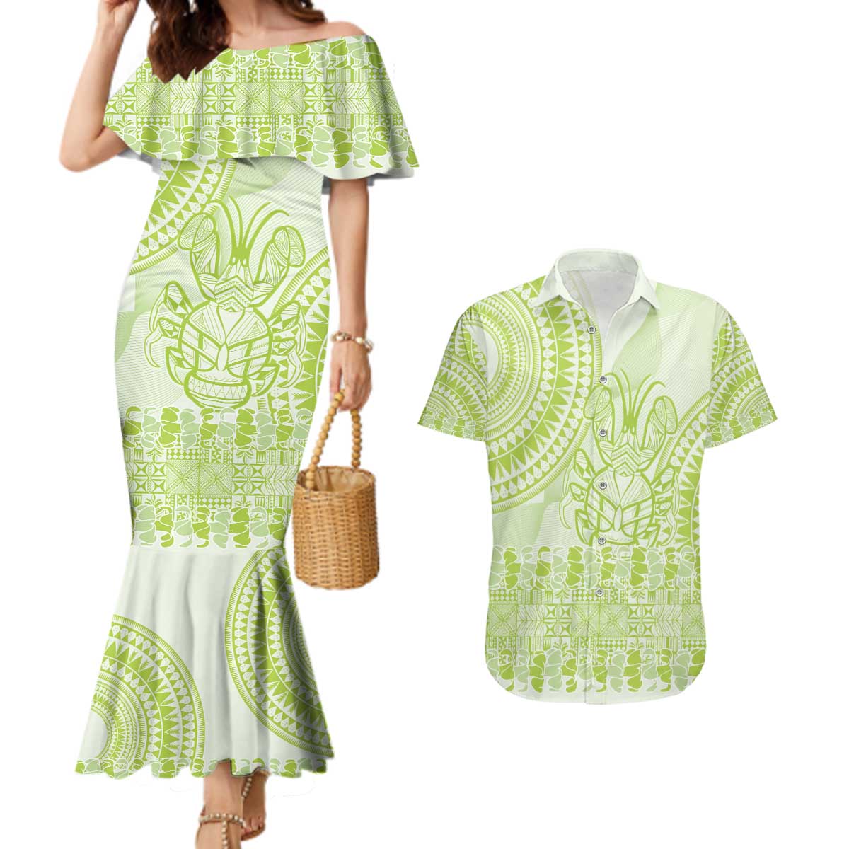 Lime Green Niue Language Week Couples Matching Mermaid Dress and Hawaiian Shirt The Rock Coconut Crab - Siapo Pattern LT14 Lime Green - Polynesian Pride