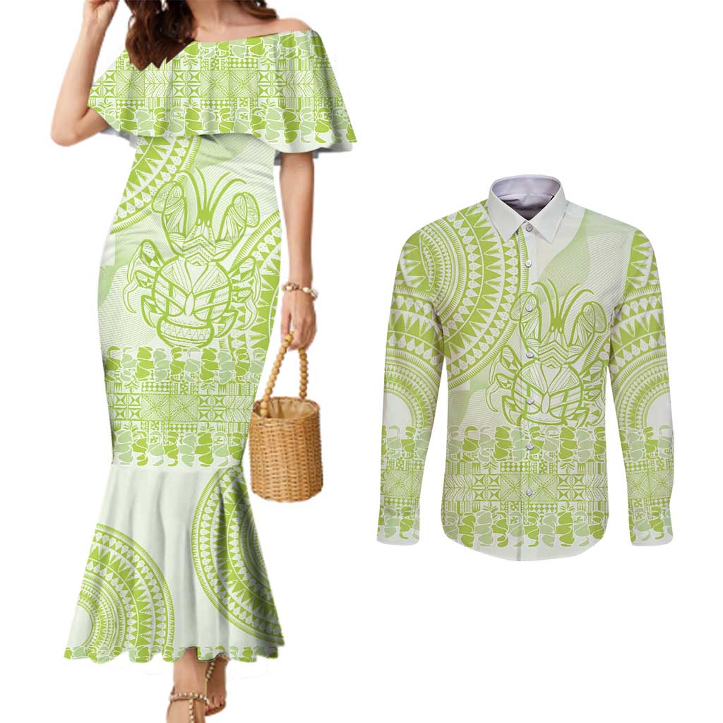 Lime Green Niue Language Week Couples Matching Mermaid Dress and Long Sleeve Button Shirt The Rock Coconut Crab - Siapo Pattern LT14 Lime Green - Polynesian Pride