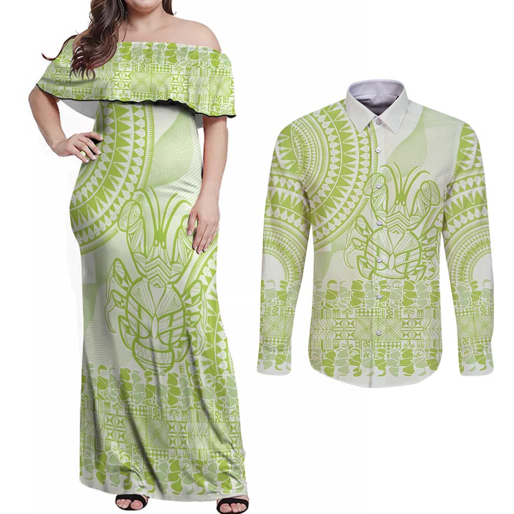 Lime Green Niue Language Week Couples Matching Off Shoulder Maxi Dress and Long Sleeve Button Shirt The Rock Coconut Crab - Siapo Pattern LT14 Lime Green - Polynesian Pride